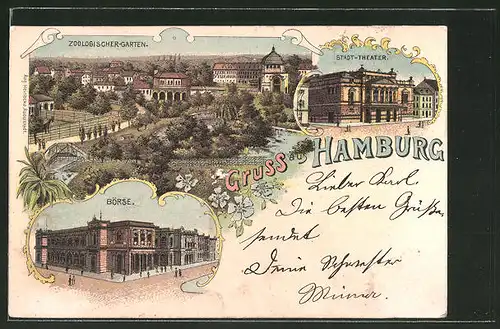 Lithographie Hamburg-St. Pauli, Zoologischer Garten, Börse, Stadt-Theater