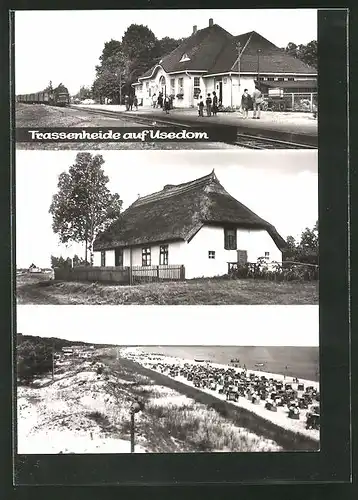 AK Trassenheide, Bahnhof, Reethaus, Strand mit Dünen