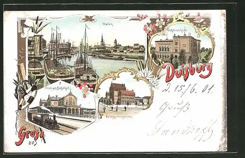 Lithographie Duisburg, Central-Bahnhof, Hafen, Töchterschule, Realgymnasium