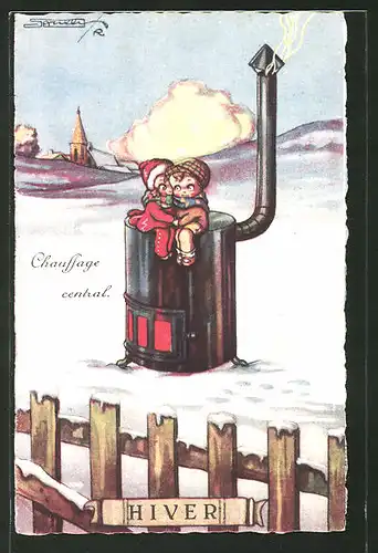 Künstler-AK sign. R. Sgrilli: Hiver, Chauffage central, Winter, Allegorie