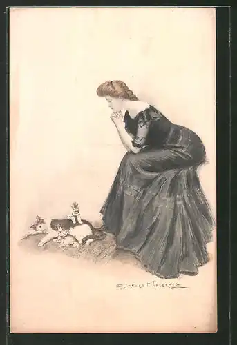 Künstler-AK Clarence F. Underwood: Frau beobachtet Kätzchen beim Spielen
