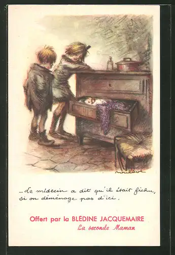 Künstler-AK Francisque Poulbot: Kleinkind schläft in der Schublade einer Kommode