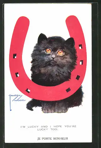 Künstler-AK Lawson Wood: Schwarze Katze und Hufeisen