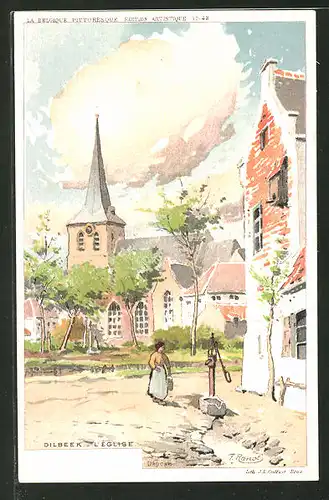 Künstler-AK F. Ranot: Dilbeek, L' Eglise, Malerische Dorfszene mit Kirche und Brunnen