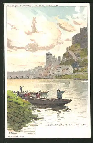 Künstler-AK F. Ranot: Huy, La Meuse la Collégiale, Flusspartie mit Booten
