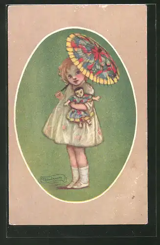 Künstler-AK A. Zandrino: kleines Mädchen mit Schirm und Puppe