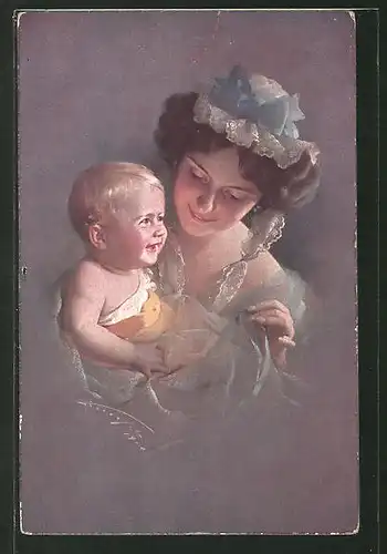 Künstler-AK Ludwig Knoefel: Frau in blauem Kleid mit lachenden Baby im Arm