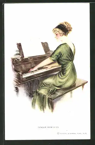 Künstler-AK F. Earl Christy: Tender Memories, Frau in grünem Kleid spielt Klavier