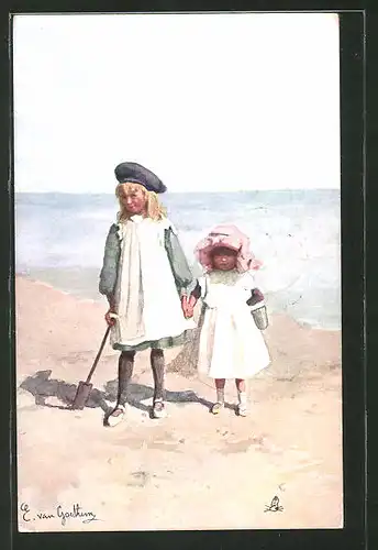 Künstler-AK sign. E. van Goethen: Zwei Mädchen mit Schaufel und Eimer am Strand