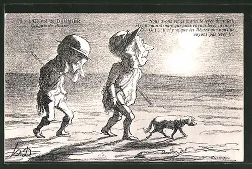 Künstler-AK sign. Honore Daumier: Croquis de chasse, Jäger bei Dämmerung