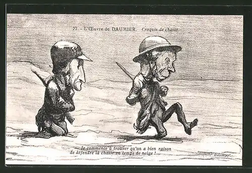 Künstler-AK sign. Honore Daumier: Croquis de chasse, Jäger waten durch den Schnee