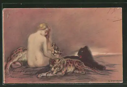 Künstler-AK A. Zandrino: nacktes Mädchen mit Jaguaren und Panther