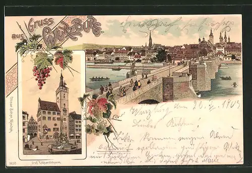 Lithographie Würzburg, Ortsansicht mit alter Brücke, Graf Eckhardtthurm