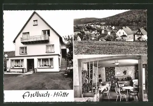 AK Endbach-Hütte, Ortsansicht aus der Vogelschau und Gaststätte-Pension Erlengrund mit Speiseraum