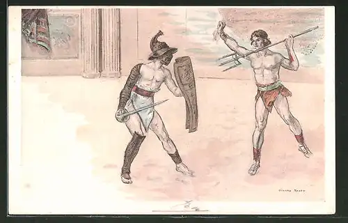 Künstler-AK sign. Richard Ranft: Gladiatoren beim kämpfen, Antike