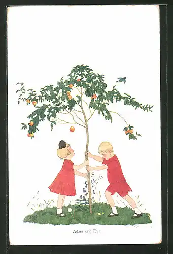 Künstler-AK Helmut Skarbina: Adam und Eva schütteln den Apfelbaum