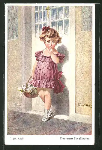 Künstler-AK Adolf (Jodolfi): Kleines Mädchen steht vor einer Tür und hält einen Korb mit Blumen
