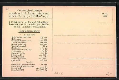 AK A. Borsig, Berlin-Tegel, 2 C-Drillings-Heissdampf-Schnellzug-Lok, Dänische Staatsbahn