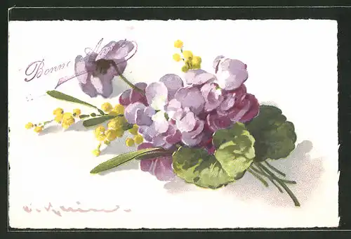 Künstler-AK Catharina Klein: Violette und gelbe Blumen