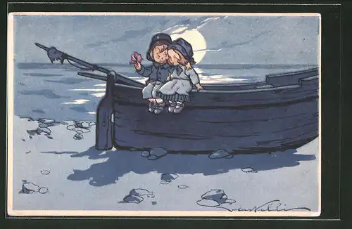 Künstler-AK Castelli: kleines Paar auf Boot sitzend
