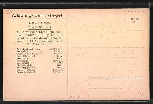AK A. Borsig, Berlin-Tegel, 2 B-Verbund-Schnellzuglok, Eisenbahn-Direktion Stettin