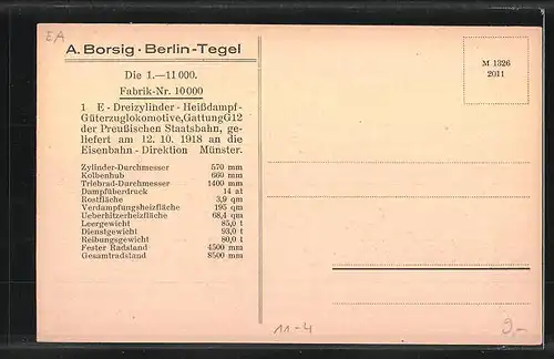 AK A. Borsig, Berlin-Tegel, 1 E-Dreizylinder-Heissdampf-Güterzuglok Gattung G12