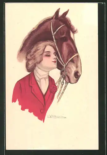 Künstler-AK elegante junge Reiterin und Pferd