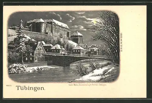 Winter-Lithographie Tübingen, Schloss Hohentübingen bei Vollmond