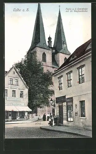 AK Calbe, Partie a. d. Querstr. mit St. Stephanikirche