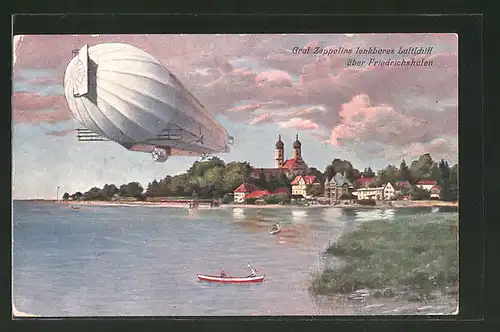 AK Friedrichshafen, Graf Zeppelins lenkbares Luftschiff über dem Bodensee