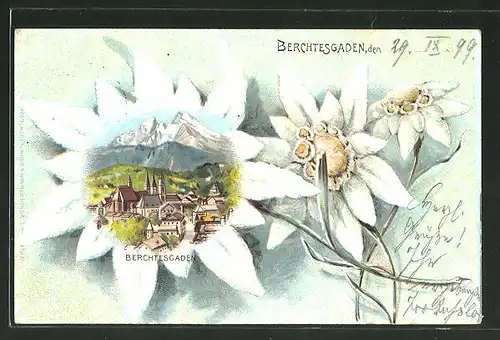 Passepartout-Lithographie Berchtesgaden, Ortsansicht im Edelweiss