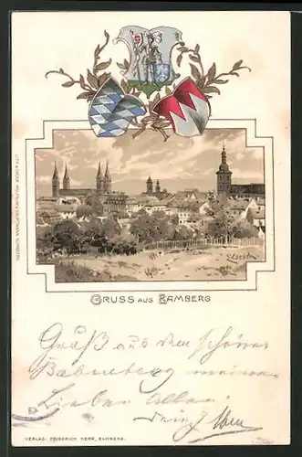 Passepartout-Lithographie Bamberg, Ortsansicht aus der Vogelschau, Wappen