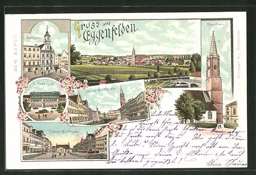 Lithographie Eggenfelden, Gesamtansicht, Rathaus, Schloss Gern, Pfarrkirche