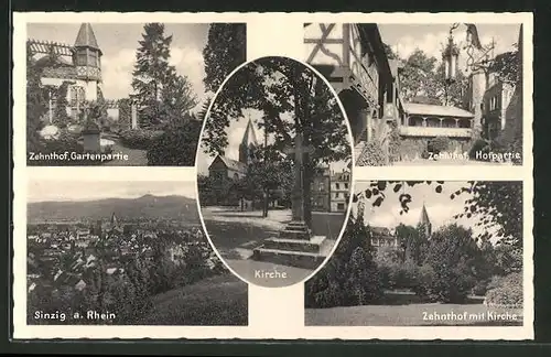 AK Sinzig, Garten vom Zehnthof, Kirche und Ortsansicht