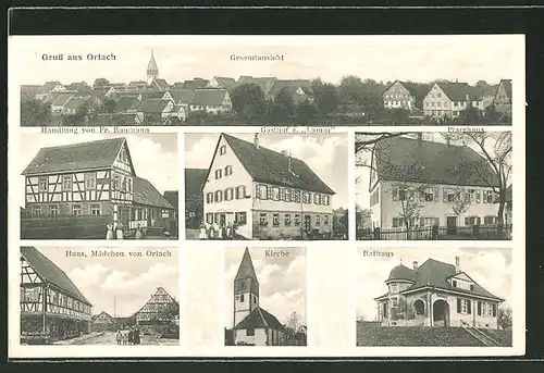 AK Orlach, Gasthof zum Lamm, Rathaus, Kirche, Handlung von Fr. Baumann