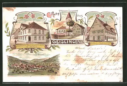 Lithographie Geislingen, Gasthaus und Bierbrauerei z. Adler, Kirche u. Rathaus, Handlung v. Aug. Bräuninger