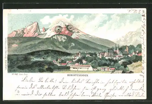 Lithographie Seiling Nr. 48, Berchtesgaden, Panorama mit Berggesicht, Berggesichter
