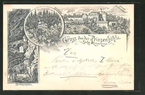 Vorläufer-Lithographie Hartenstein, 1892, Schloss Hartenstein, Forsthaus und Prinzenhöhle