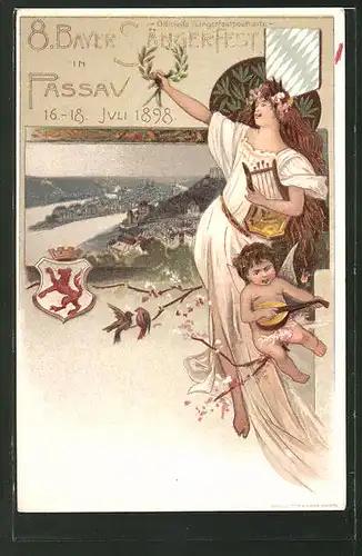 Lithographie Passau, Ganzsache Bayern PP15 C8 , 8. Bayr. Sängerfest 1898, Frau mit Harfe u. Engel mit Mandoline