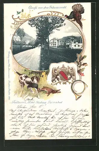 Präge-Passepartout-Lithographie Todtmoos, Hôtel Kurhaus, Luisenbad, Jagdhund, Wappen