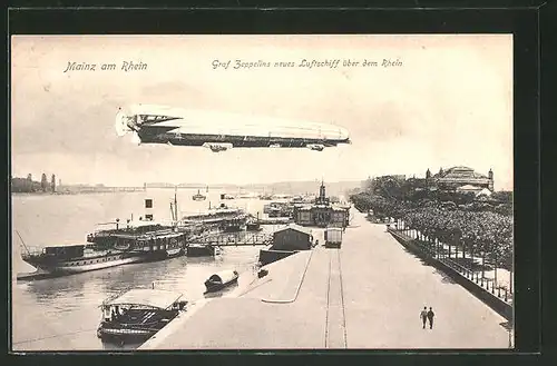 AK Mainz, Graf Zeppelins neues Luftschiff über dem Rhein