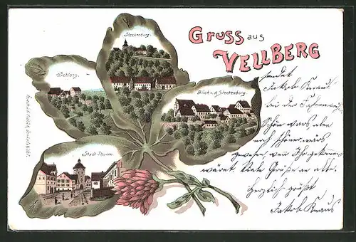 Passepartout-Lithographie Vellberg, Stadt-Thurm, Schloss, Steckenburg, Kleeblatt