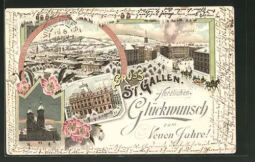 Winter-Lithographie St. Gallen, Hochplatz, Unionbank, Stiftskirche