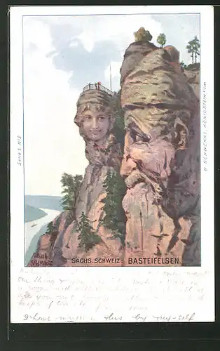 Lithographie Schwenke Ser. 1 Nr. 2, Sächs Schweiz, Bateifelsen, Berge mit Gesicht / Berggesichter