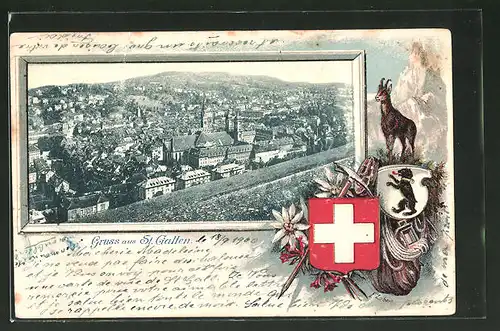 Präge-Passepartout-Lithographie St. Gallen, Panorama und Wappen