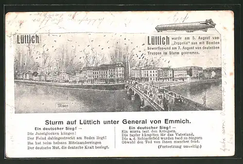 AK Lüttich, Sturm auf Lüttich unter General von Emmich, Motiv mit Luftschiff