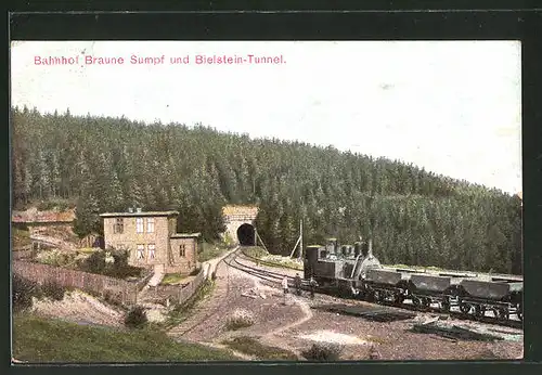 AK Blankenburg, Bahnhof Braune Sumpf und Bielstein-Tunnel, Harz-Zahnrad-Bahn, Kleinbahn