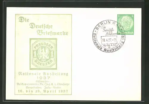AK Ganzsache 5 Pfennige: Berlin, Nationale Ausstellung "Die Deutsche Briefmarke" 1937, Preussische Briefmarke 1 Kreuzer