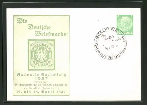 AK Ganzsache 5 Pfennige: Berlin, Nationale Ausstellung "Die Deutsche Briefmarke" 1937, Briefmarke 1 Kreuzer