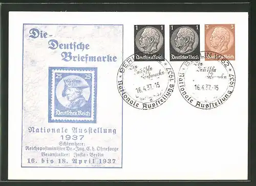 AK Ganzsache 3+1+1 Pfennige: Berlin, Nationale Ausstellung "Die Deutsche Briefmarke" April 1937